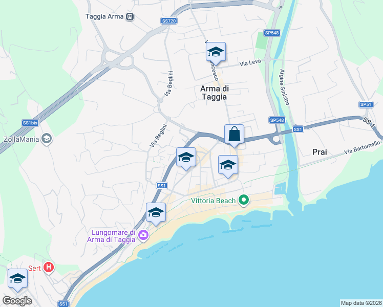 map of restaurants, bars, coffee shops, grocery stores, and more near 25 Via Papa Giovanni XXIII in Taggia