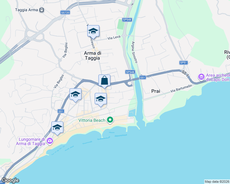 map of restaurants, bars, coffee shops, grocery stores, and more near 37 Via Bent. Amilcare Nuvolone in Arma di Taggia