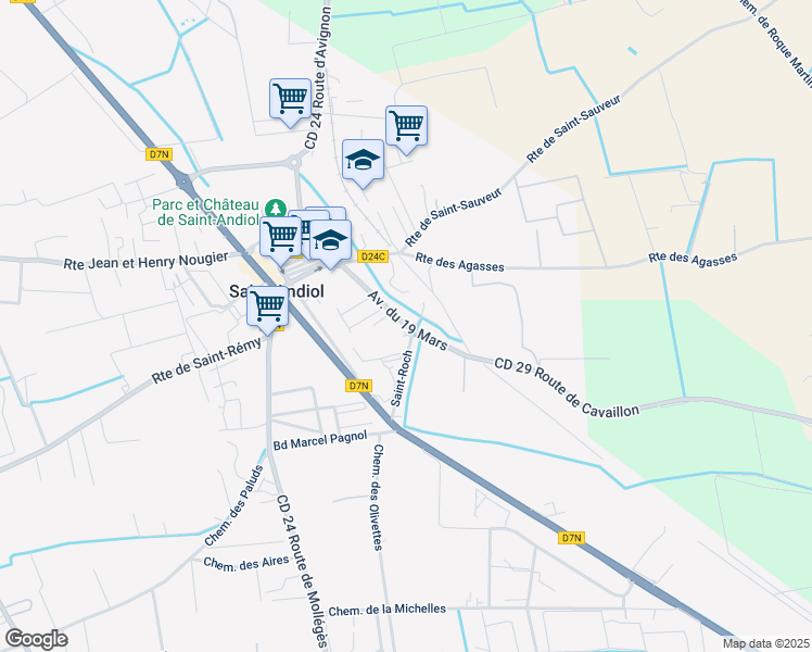 map of restaurants, bars, coffee shops, grocery stores, and more near Avenue du 19 Mars in Saint-Andiol