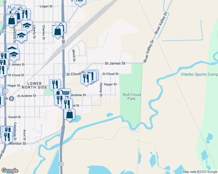 map of restaurants, bars, coffee shops, grocery stores, and more near 627 Powell Street in La Crosse
