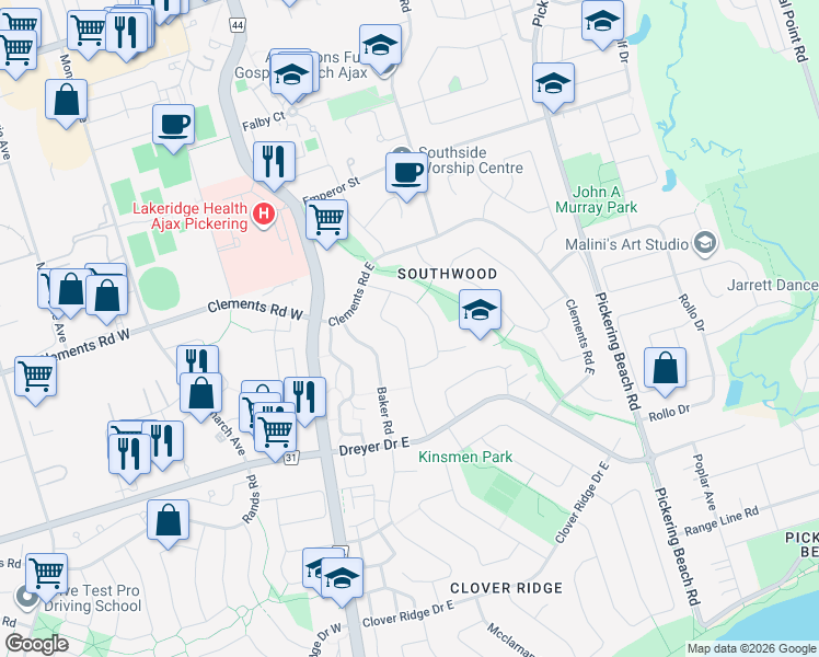 map of restaurants, bars, coffee shops, grocery stores, and more near 11 Strathy Road in Ajax
