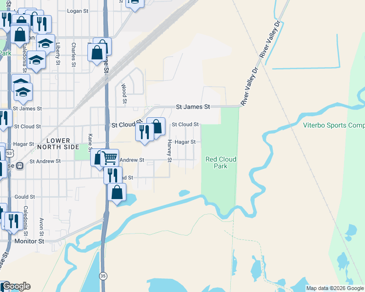 map of restaurants, bars, coffee shops, grocery stores, and more near 627 Powell Street in La Crosse