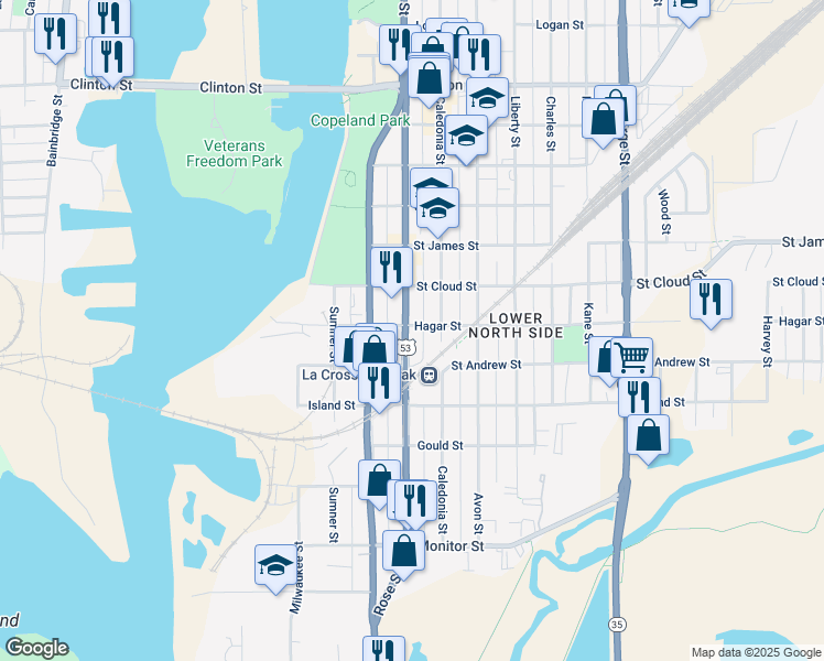 map of restaurants, bars, coffee shops, grocery stores, and more near 632 U.S. 53 in La Crosse