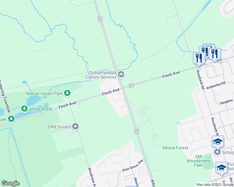 map of restaurants, bars, coffee shops, grocery stores, and more near in Pickering