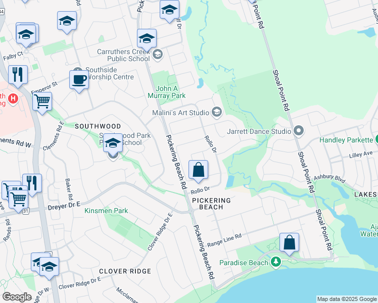 map of restaurants, bars, coffee shops, grocery stores, and more near 32 Leach Drive in Ajax