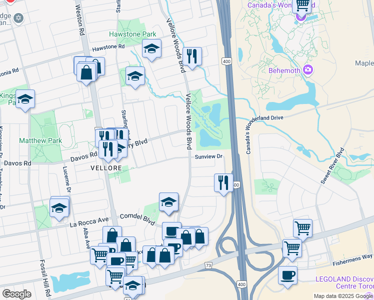 map of restaurants, bars, coffee shops, grocery stores, and more near 212 Vellore Woods Boulevard in Vaughan