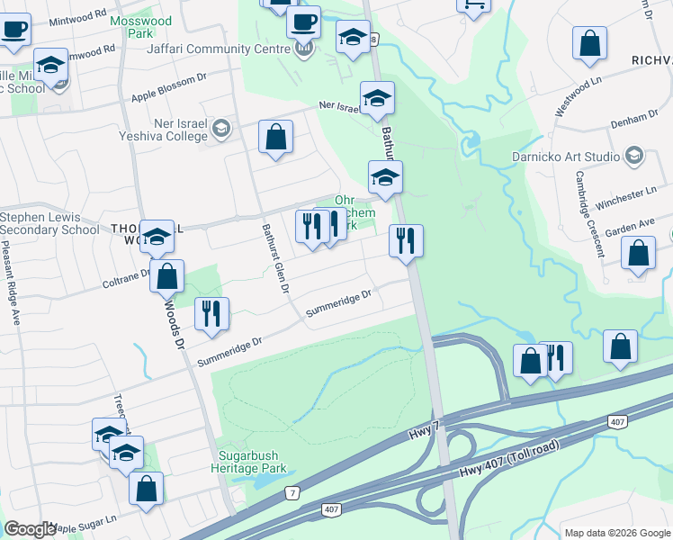 map of restaurants, bars, coffee shops, grocery stores, and more near 65 Burgundy Trail in Vaughan