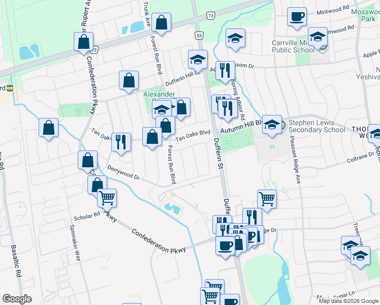 map of restaurants, bars, coffee shops, grocery stores, and more near 10 Lina Marra Drive in Vaughan