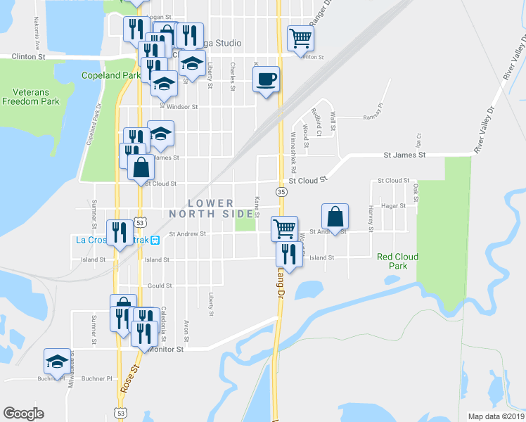 map of restaurants, bars, coffee shops, grocery stores, and more near 632 Kane Street in La Crosse