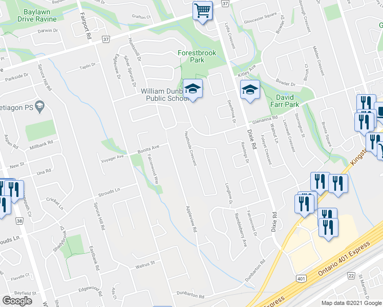 map of restaurants, bars, coffee shops, grocery stores, and more near 1670 Heathside Crescent in Pickering