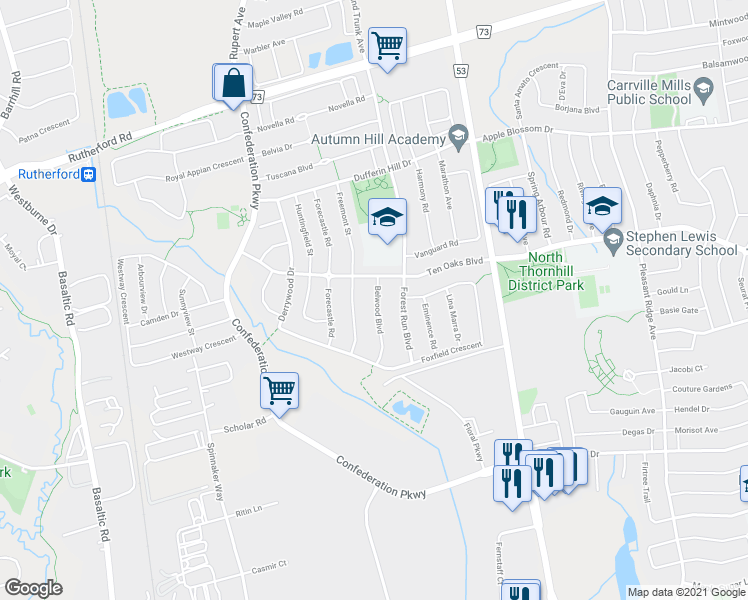 map of restaurants, bars, coffee shops, grocery stores, and more near 26 Belwood Boulevard in Vaughan