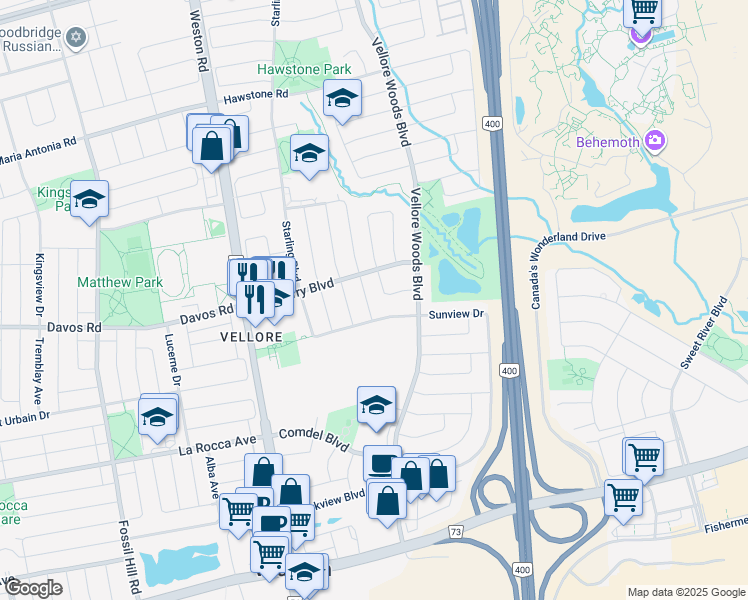 map of restaurants, bars, coffee shops, grocery stores, and more near 19 Wheatfield Drive in Vaughan