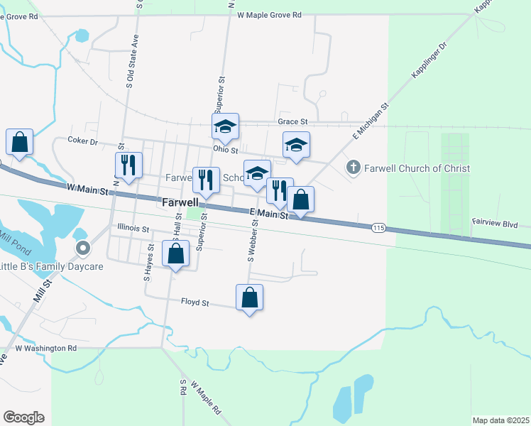 map of restaurants, bars, coffee shops, grocery stores, and more near 431 East Main Street in Farwell