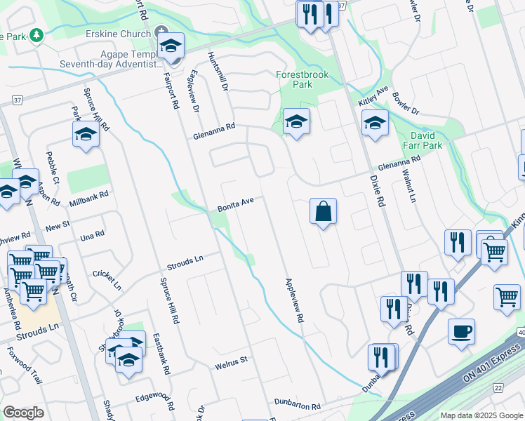 map of restaurants, bars, coffee shops, grocery stores, and more near 1890 Appleview Road in Pickering