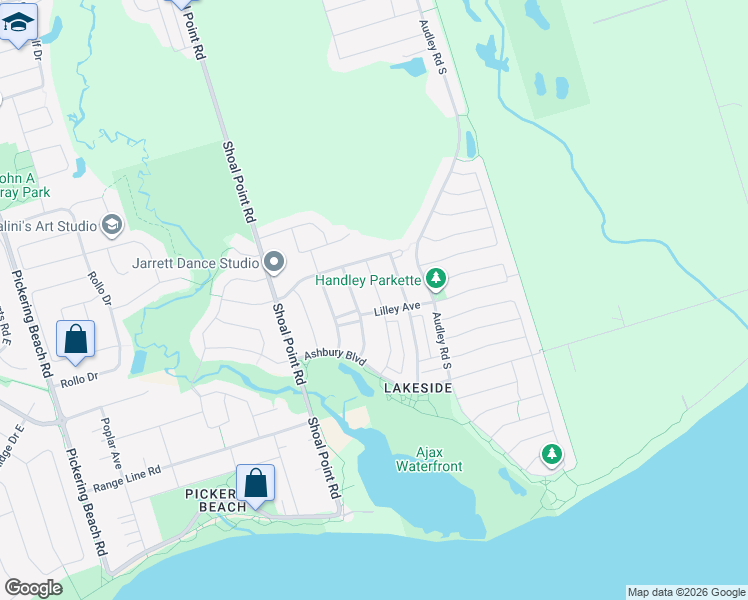 map of restaurants, bars, coffee shops, grocery stores, and more near 20 Davey Street in Ajax