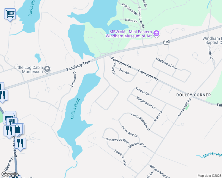 map of restaurants, bars, coffee shops, grocery stores, and more near 47 Running Brook Road in Windham