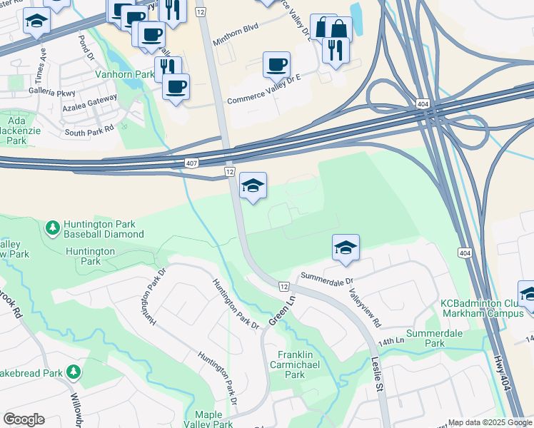 map of restaurants, bars, coffee shops, grocery stores, and more near 8101 Leslie Street in Markham