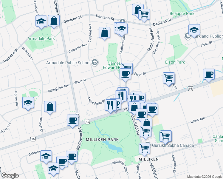 map of restaurants, bars, coffee shops, grocery stores, and more near 101 Douglas Haig Drive in Markham