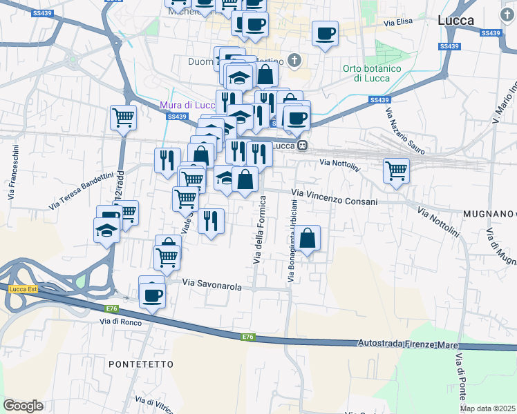 map of restaurants, bars, coffee shops, grocery stores, and more near 166 Via della Formica in Lucca