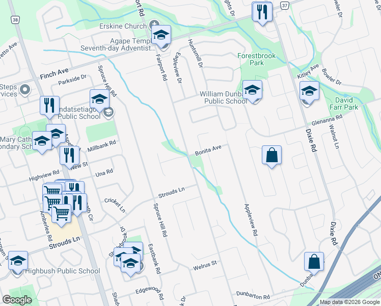 map of restaurants, bars, coffee shops, grocery stores, and more near 1879 Fairport Road in Pickering