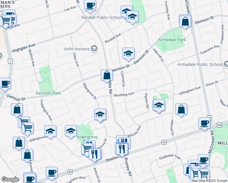 map of restaurants, bars, coffee shops, grocery stores, and more near 8 Medley Crescent in Markham