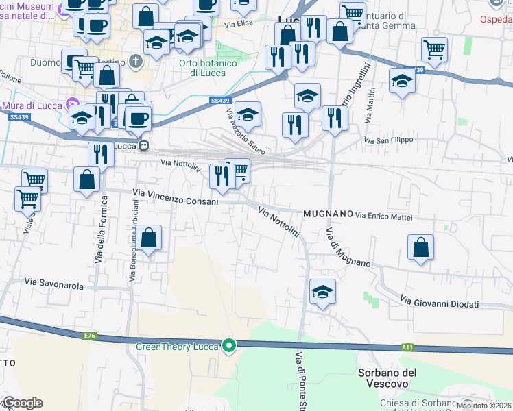 map of restaurants, bars, coffee shops, grocery stores, and more near 953 Via Nottolini in Lucca