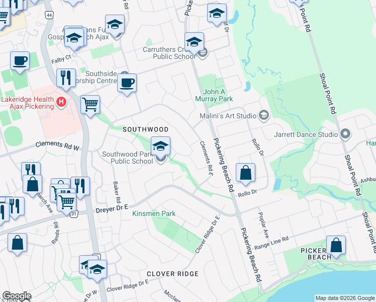 map of restaurants, bars, coffee shops, grocery stores, and more near 38 Hills Road in Ajax