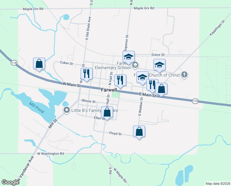 map of restaurants, bars, coffee shops, grocery stores, and more near 109 South Hall Street in Farwell