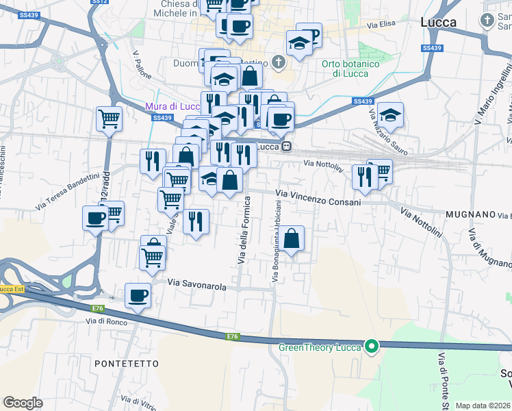 map of restaurants, bars, coffee shops, grocery stores, and more near 142 Via Formica in Lucca