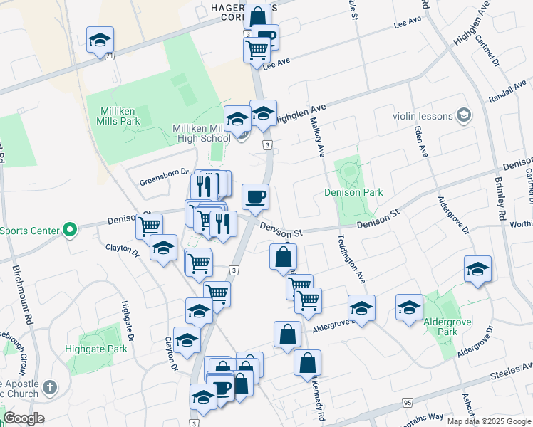 map of restaurants, bars, coffee shops, grocery stores, and more near 7381 Kennedy Road in Markham
