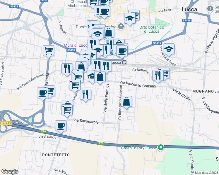 map of restaurants, bars, coffee shops, grocery stores, and more near 142 Via della Formica in Lucca