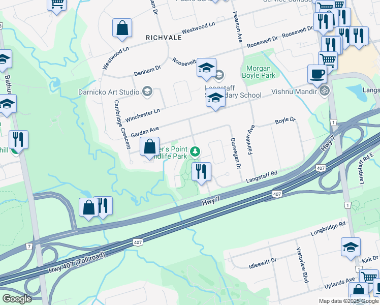 map of restaurants, bars, coffee shops, grocery stores, and more near 65 Misty Moor Drive in Richmond Hill