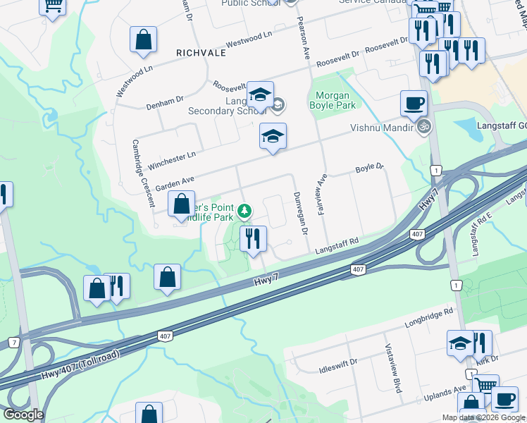 map of restaurants, bars, coffee shops, grocery stores, and more near 34 Tiffany Gate in Richmond Hill