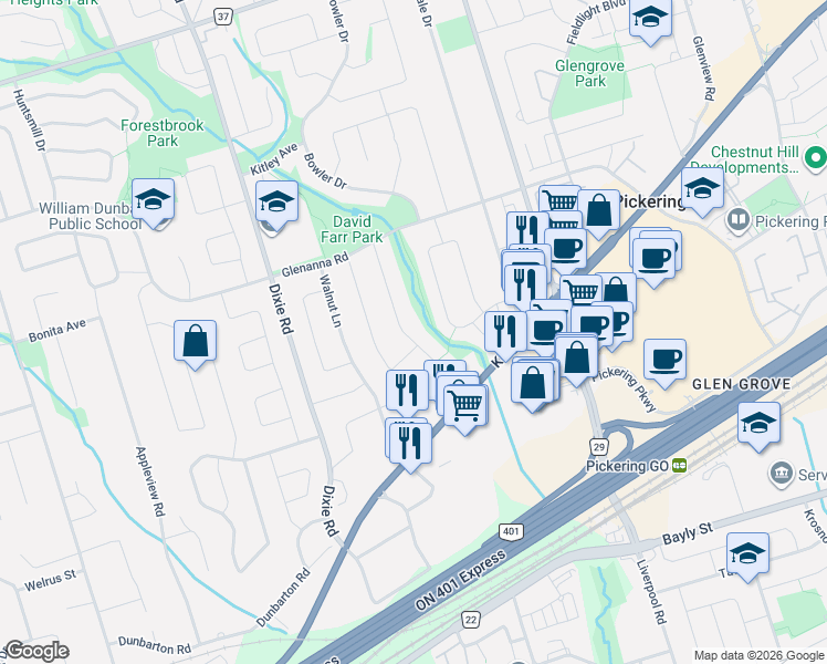 map of restaurants, bars, coffee shops, grocery stores, and more near 1797 Storrington Street in Pickering