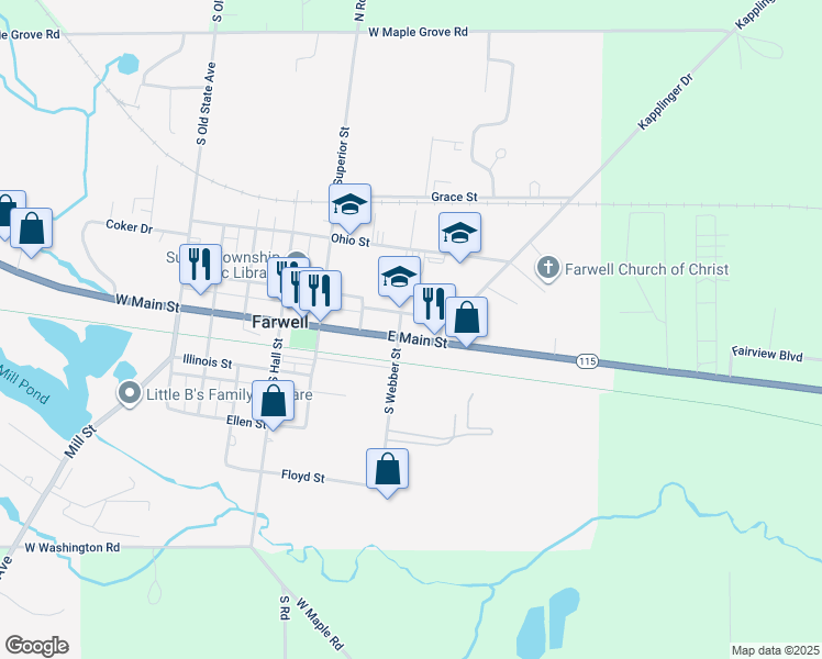 map of restaurants, bars, coffee shops, grocery stores, and more near 431 East Main Street in Farwell