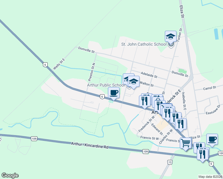 map of restaurants, bars, coffee shops, grocery stores, and more near 185 Dingman Street in Arthur