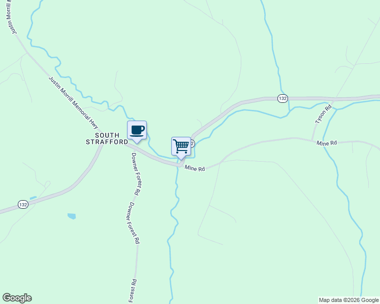 map of restaurants, bars, coffee shops, grocery stores, and more near 203 Vermont 132 in Strafford