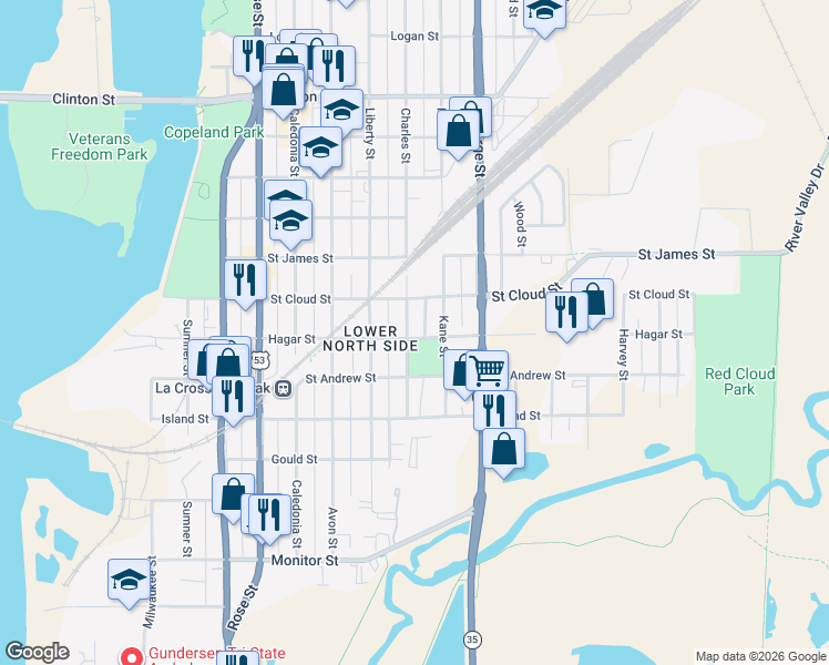 map of restaurants, bars, coffee shops, grocery stores, and more near 704 Charles Street in La Crosse