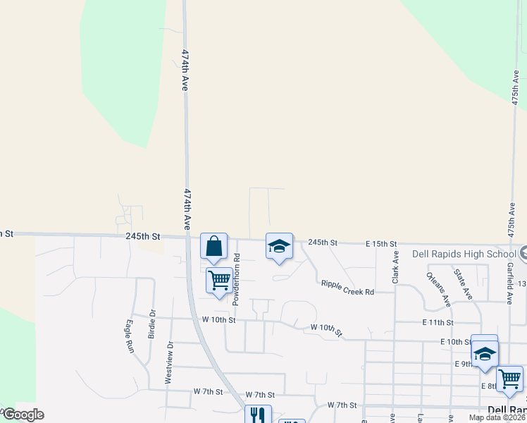 map of restaurants, bars, coffee shops, grocery stores, and more near 405 15th Street in Dell Rapids