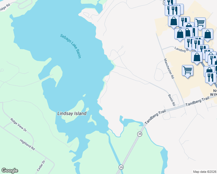 map of restaurants, bars, coffee shops, grocery stores, and more near 104 Basin Road in Windham
