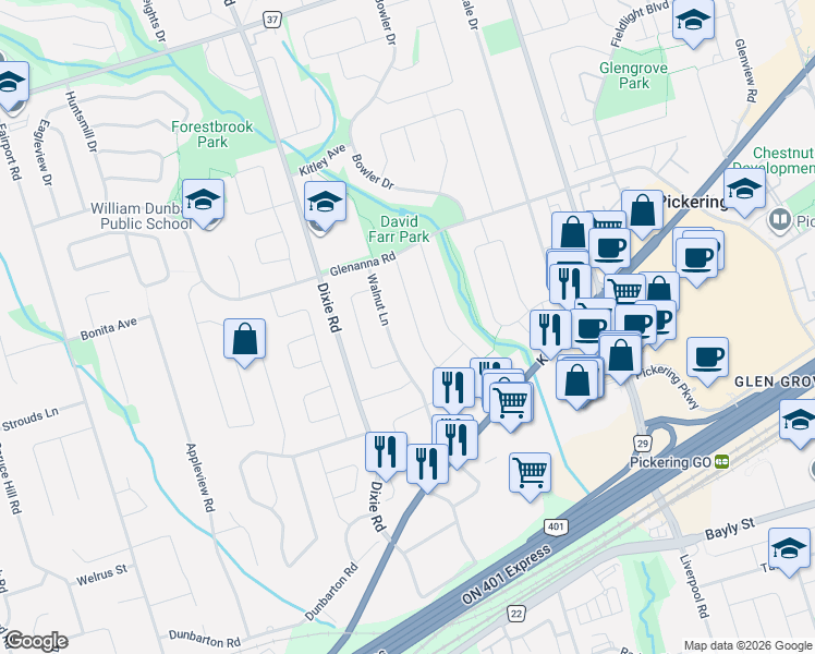 map of restaurants, bars, coffee shops, grocery stores, and more near 1786 Listowell Crescent in Pickering