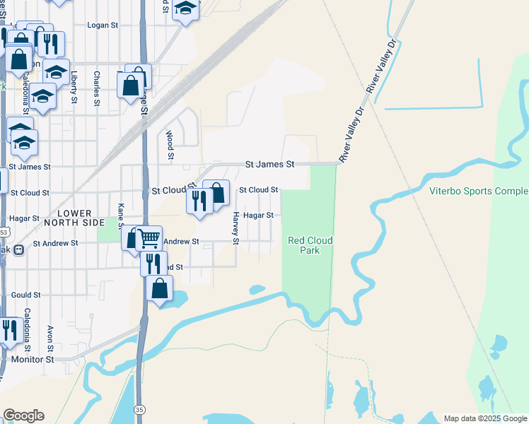 map of restaurants, bars, coffee shops, grocery stores, and more near 627 Powell Street in La Crosse