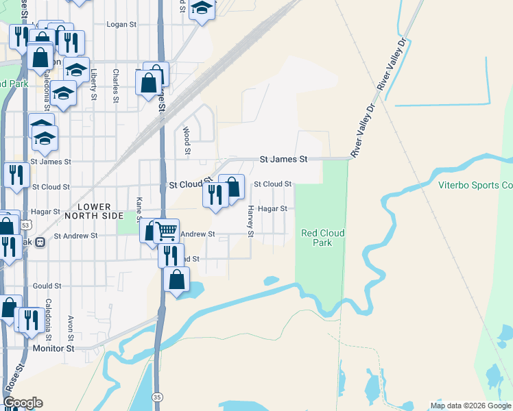 map of restaurants, bars, coffee shops, grocery stores, and more near 627 Powell Street in La Crosse