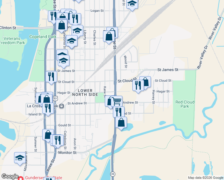 map of restaurants, bars, coffee shops, grocery stores, and more near 632 Kane Street in La Crosse