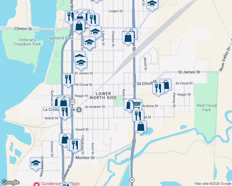 map of restaurants, bars, coffee shops, grocery stores, and more near 704 Charles Street in La Crosse