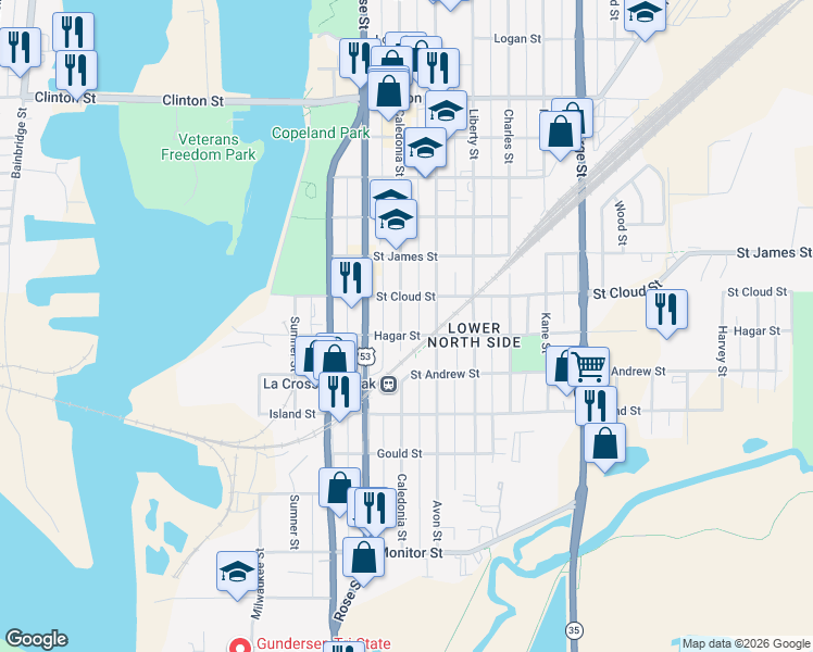 map of restaurants, bars, coffee shops, grocery stores, and more near 630 Hagar Street in La Crosse