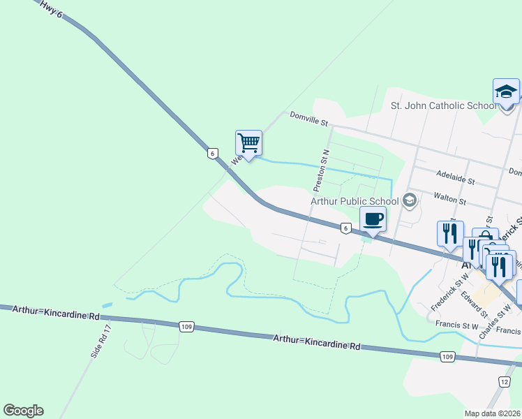 map of restaurants, bars, coffee shops, grocery stores, and more near 441 Smith Street in Arthur