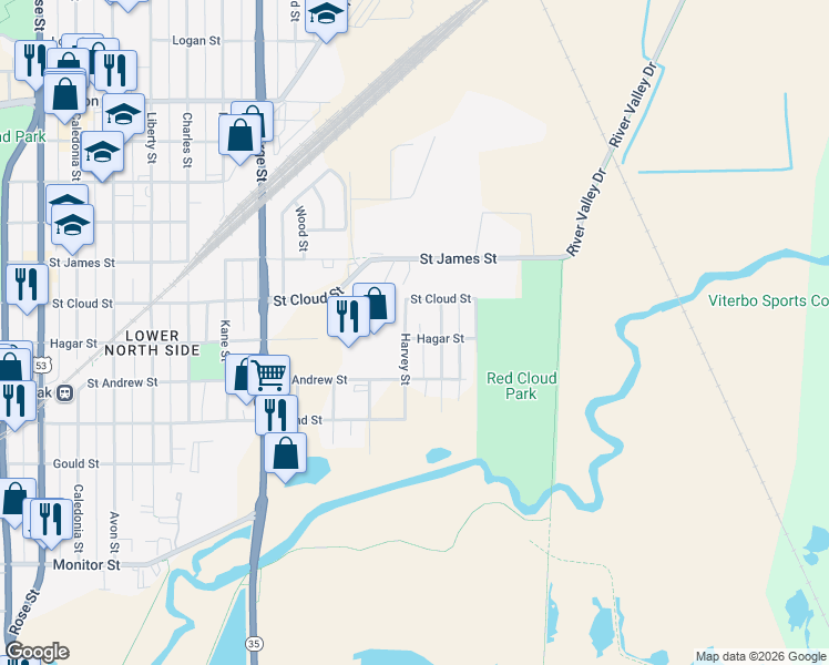 map of restaurants, bars, coffee shops, grocery stores, and more near 627 Powell Street in La Crosse