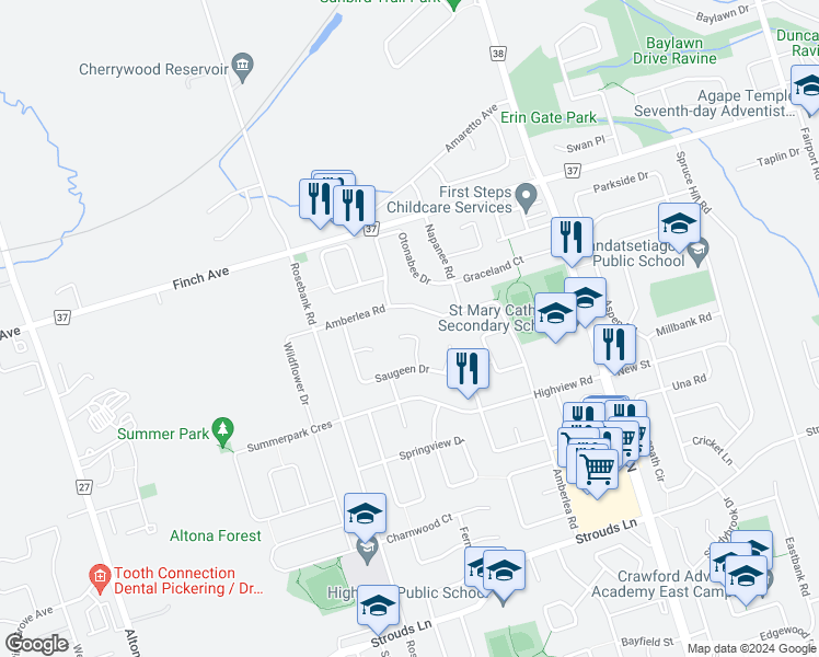 map of restaurants, bars, coffee shops, grocery stores, and more near 1525 Sturgeon Court in Pickering