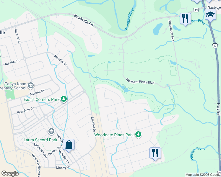 map of restaurants, bars, coffee shops, grocery stores, and more near 325 Torrey Pines Road in Vaughan